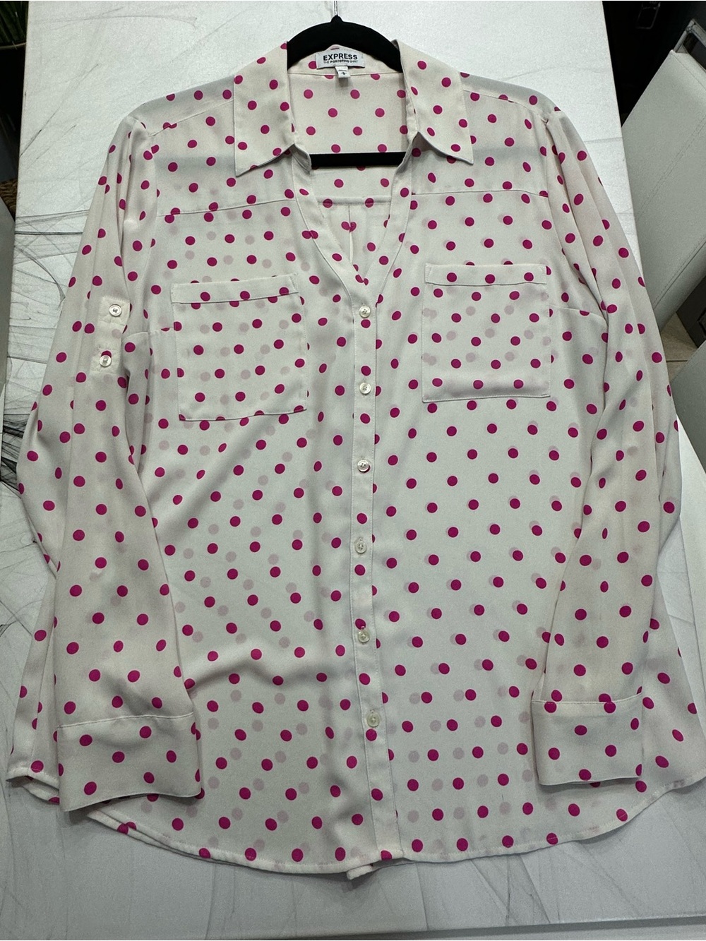 Express White Button-Down Shirt with Pink Polka Dots